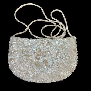 Joan Bari Vintage Cream Beaded Sequin Evening Clutch Purse Crossbody Bag